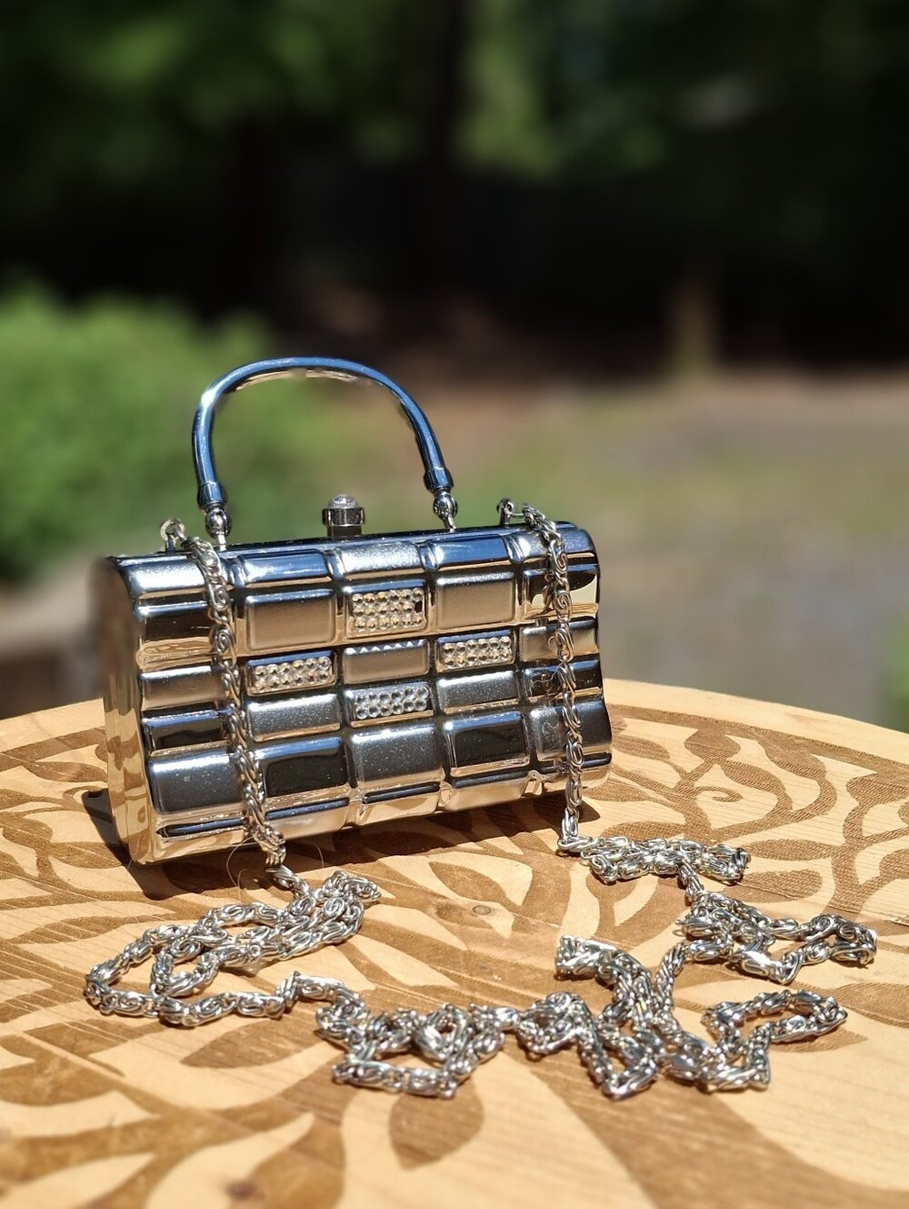 Vintage Daniella Silver Metal Grid Box Clutch Shoulder Bag Minaudière Rhinestone